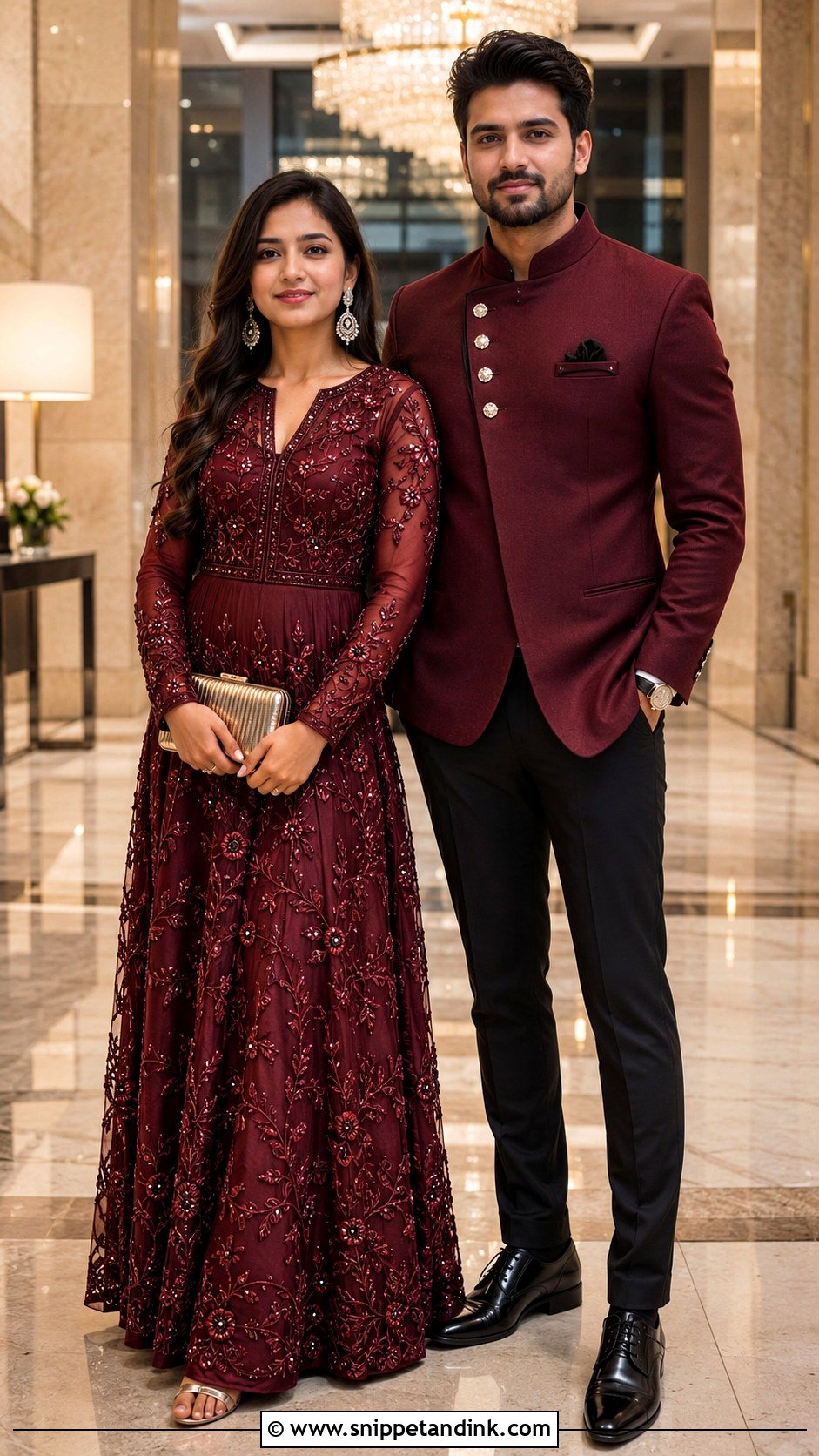 Wine Gown And Burgundy Indo Western Suit - Snippet and Ink - 20 Couple Matching Outfits Indian Wedding
