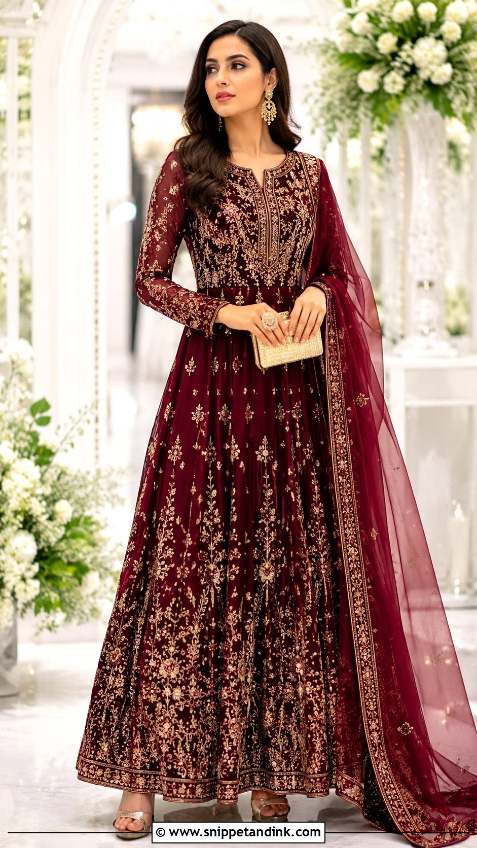 Wine Heavy Anarkali Gown With Gold Heels - Snippet and Ink - 20 Heavy Dress for Wedding Ideas
