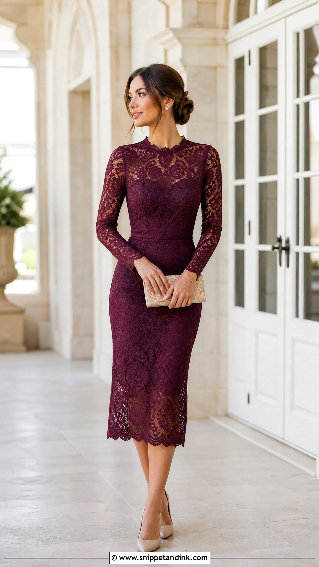 Wine Lace Midi Dress Wedding Outfit - Snippet and Ink - 20 Wine Dress Outfit Wedding Ideas