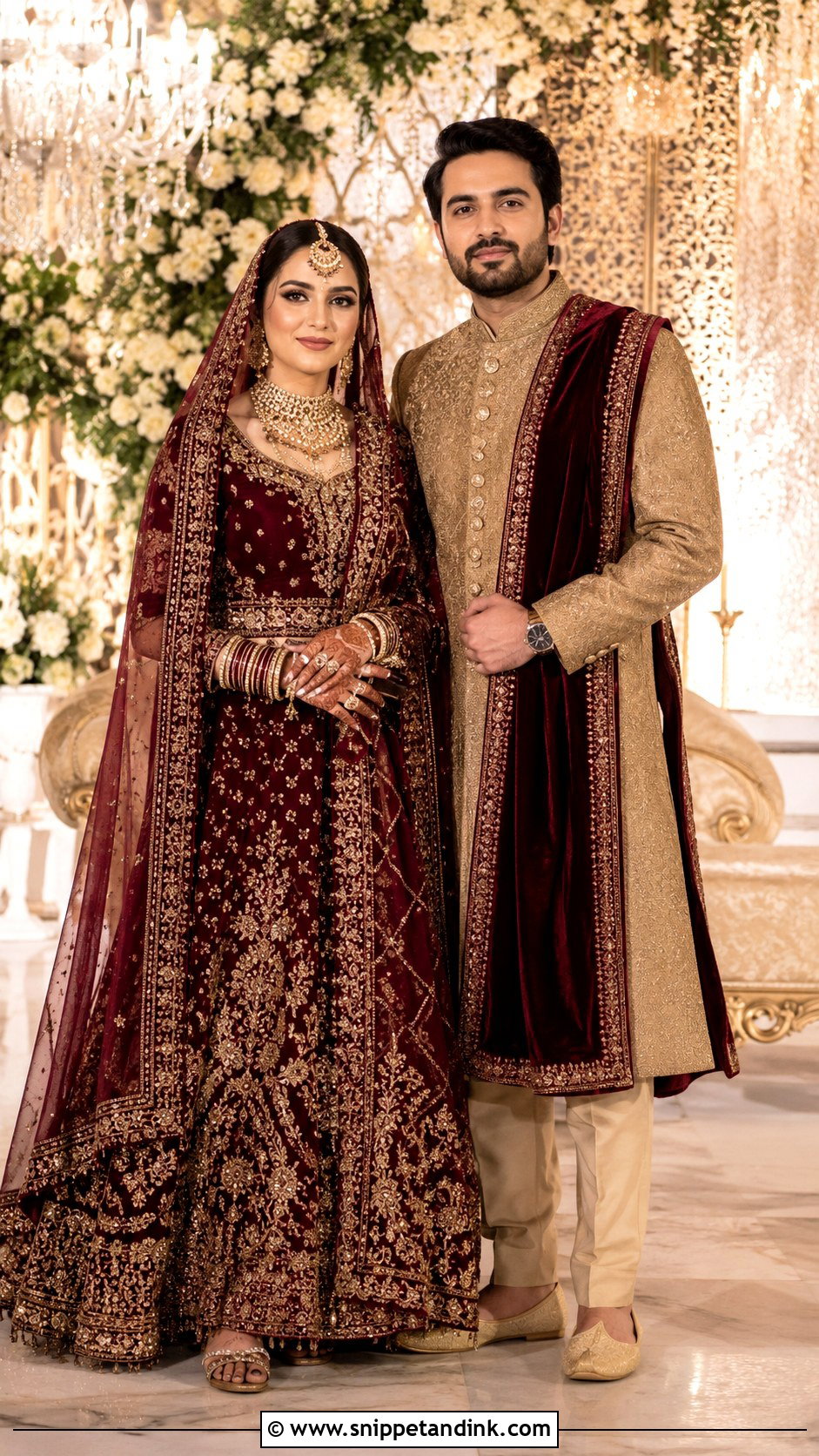 Wine Lehenga And Gold Sherwani Wedding Couple Dress Combination - Snippet and Ink - 25 Wedding Couple Dress Combination Ideas