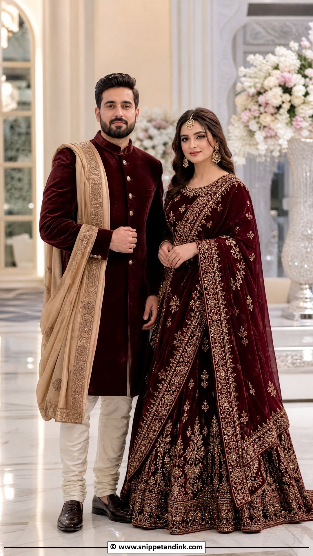 Wine Lehenga And Wine Sherwani - Snippet and Ink - 35 Indian Couple Matching Dress Ideas