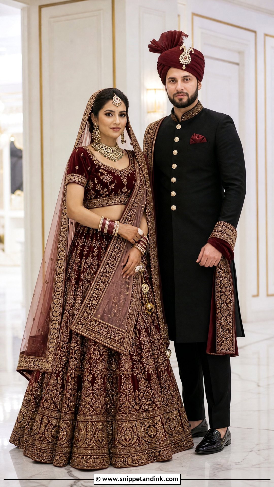 Wine Lehenga With Black Jodhpuri Sherwani - Snippet and Ink - 25 Indian Hindu Couple Wedding Dress Ideas