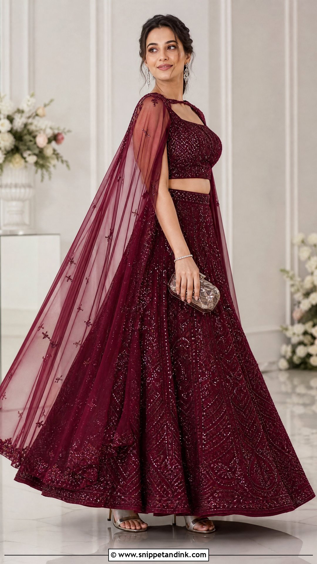 Wine Lehenga With Cape Blouse - Snippet and Ink - 20 Wedding Lenghas Ideas