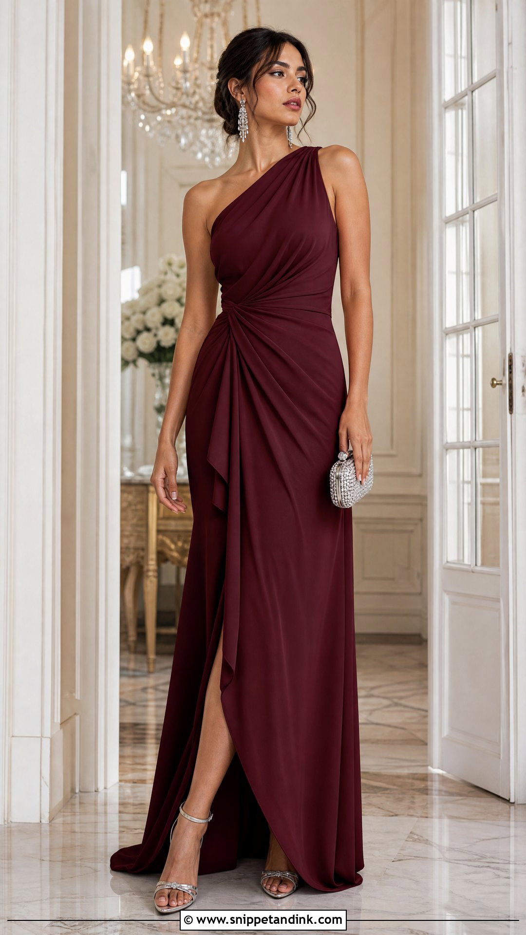 Wine One Shoulder Gown Wedding Outfit - Snippet and Ink - 20 Wine Dress Outfit Wedding Ideas