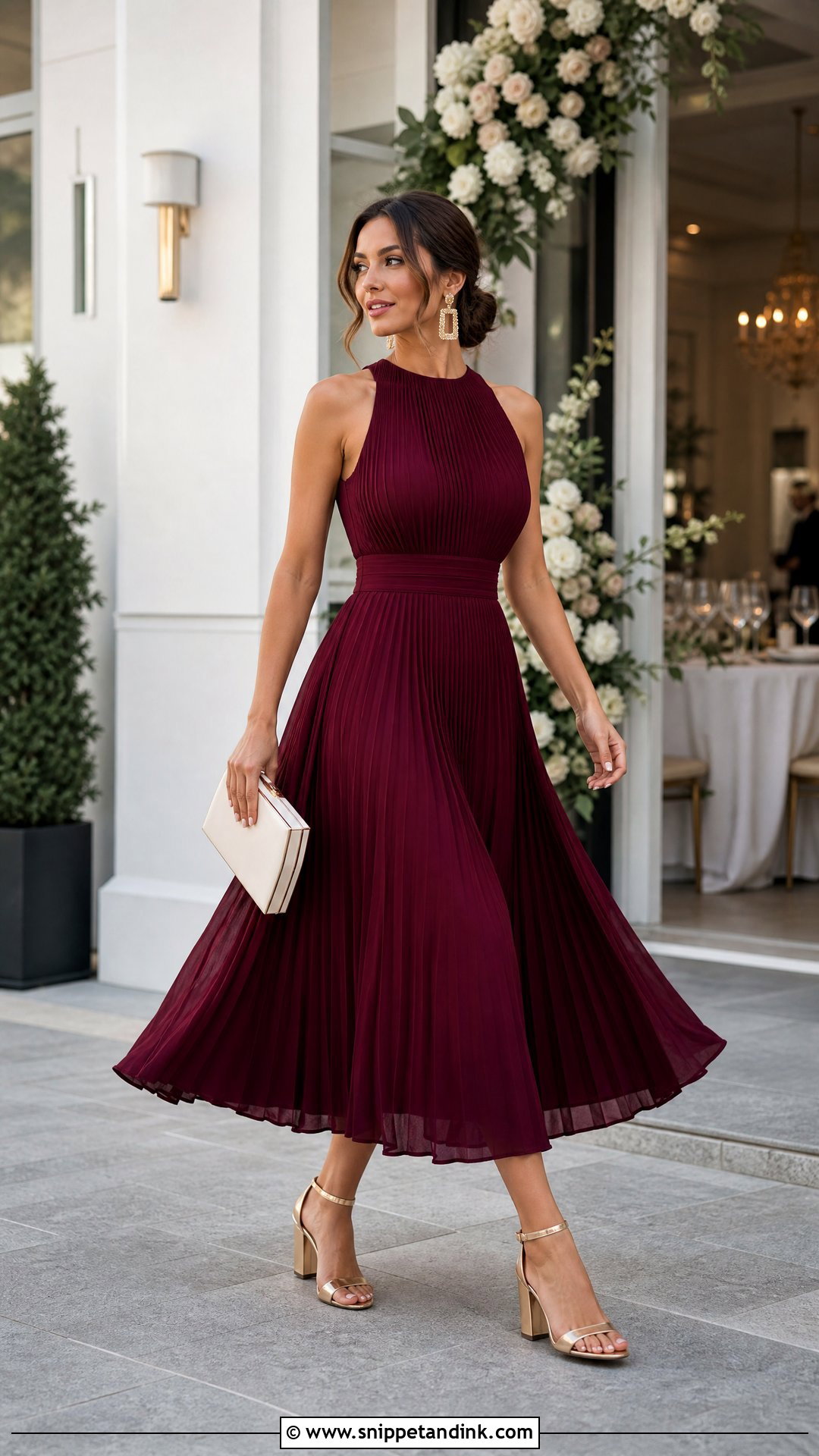 Wine Pleated Midi Dress Wedding Outfit - Snippet and Ink - 20 Wine Dress Outfit Wedding Ideas