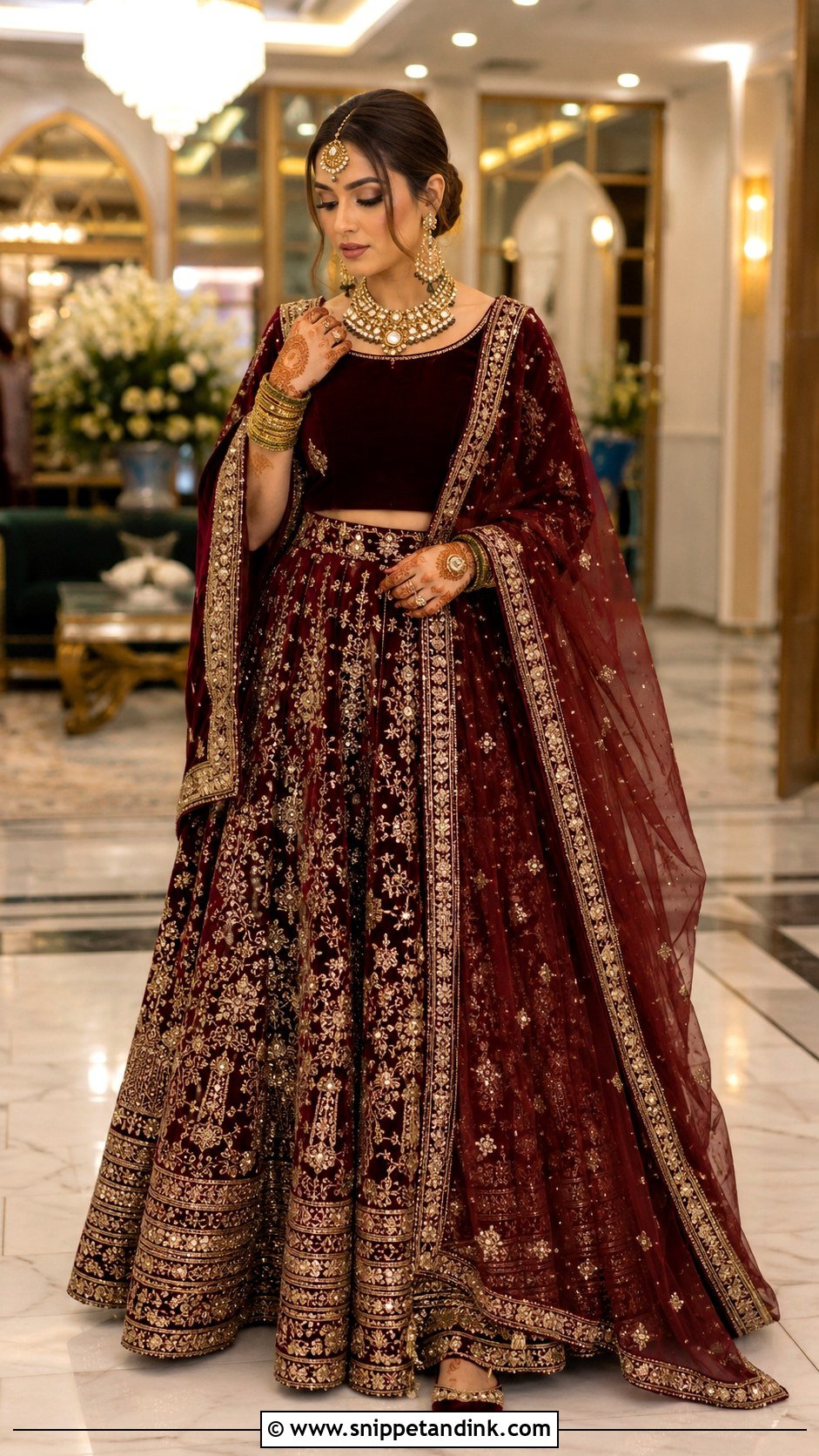 Wine Punjabi Wedding Lengha With Velvet Blouse - Snippet and Ink - 25 Punjabi Wedding Lengha Ideas