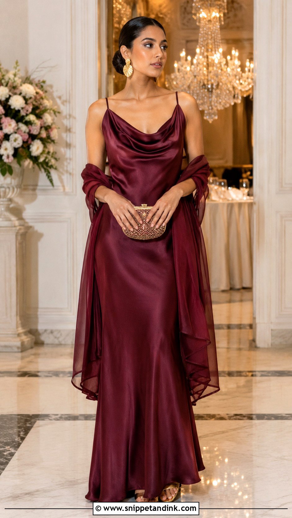 Wine Satin Cocktail Gown With Gold Sandals - Snippet and Ink - 20 Cocktail Gowns Indian Weddings