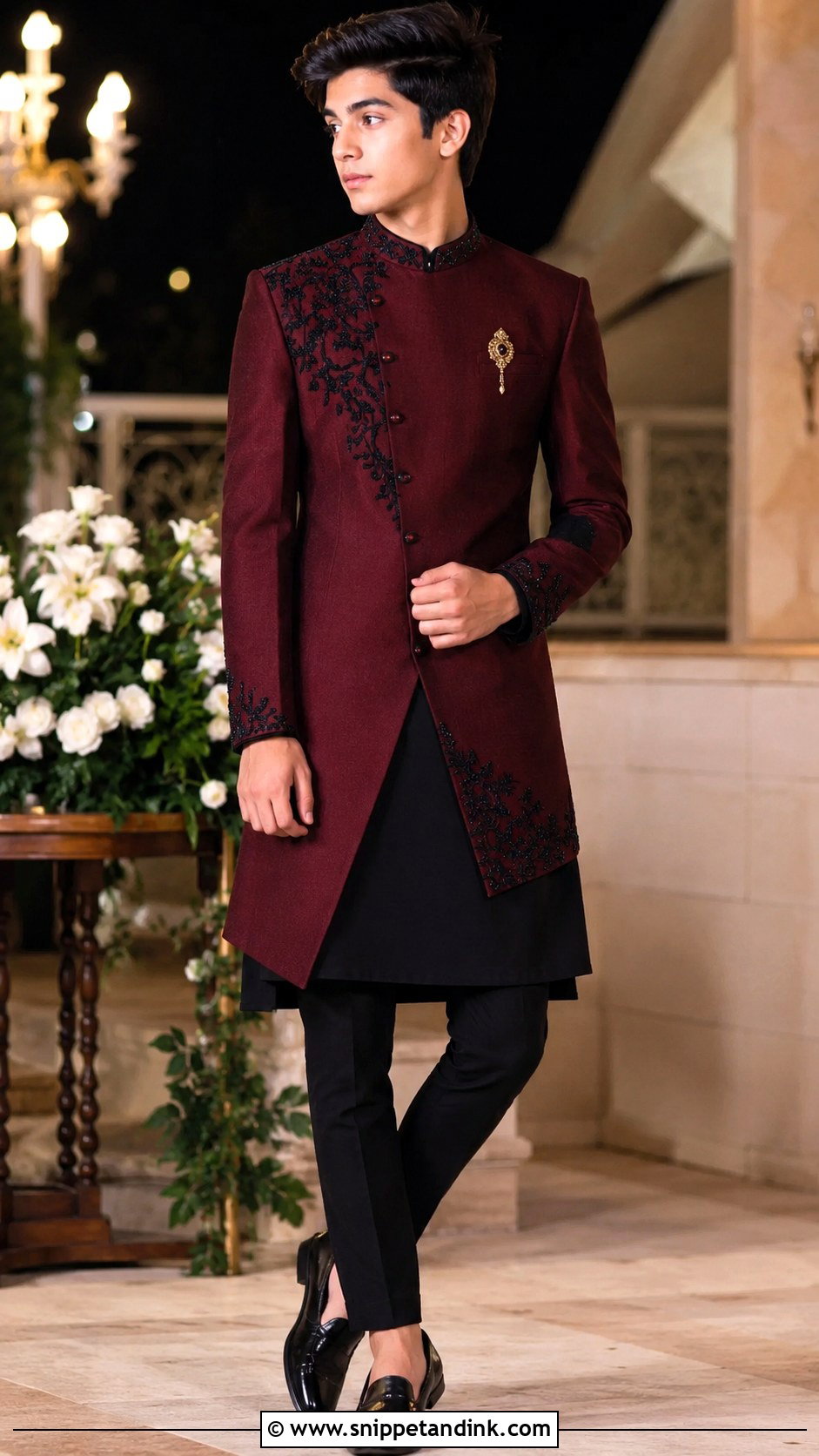 Wine Sherwani Jacket With Black Trousers - Snippet and Ink - 20 Boys Sangeet Outfit Ideas