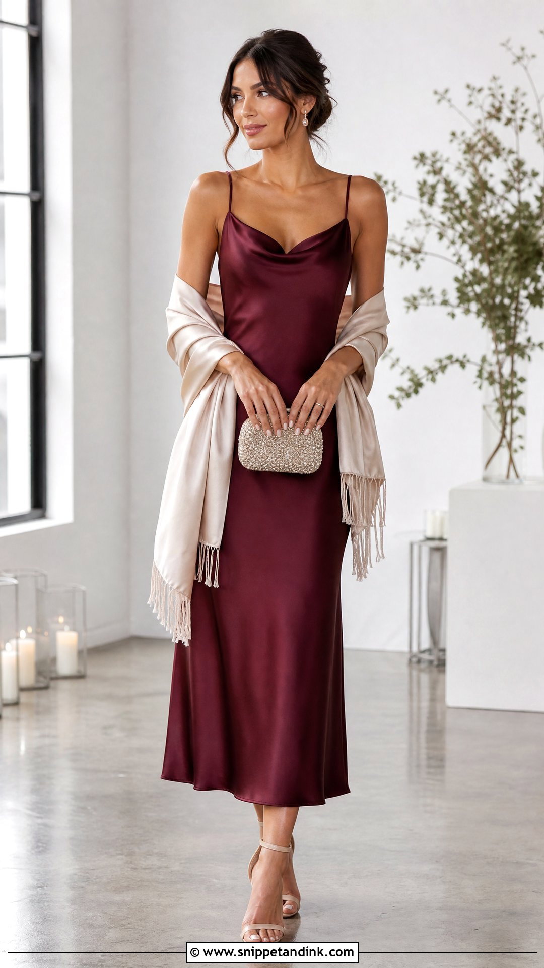 Wine Slip Dress With Shawl Wedding Outfit - Snippet and Ink - 20 Wine Dress Outfit Wedding Ideas