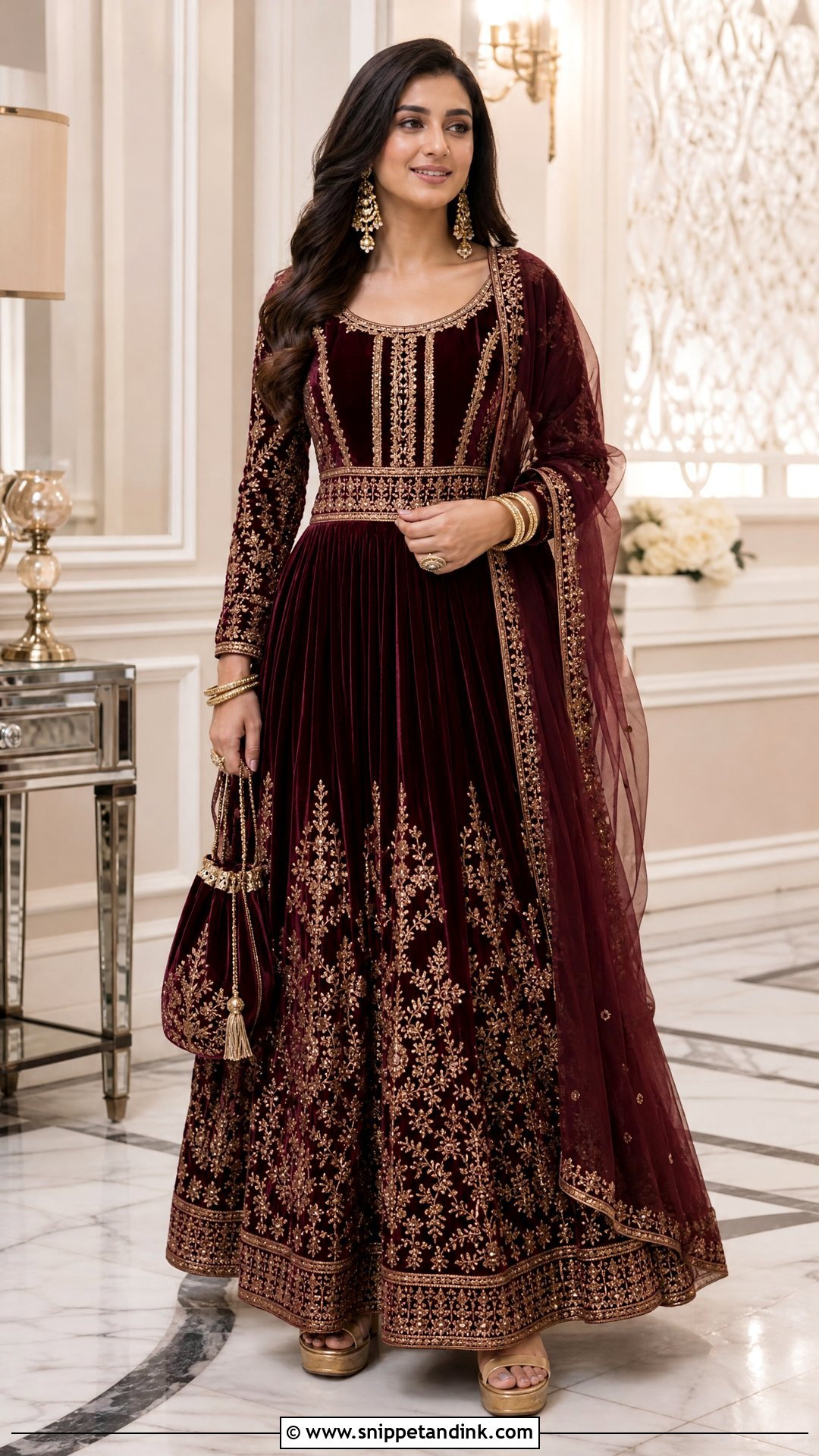 Wine Velvet Bride Sangeet Anarkali - Snippet and Ink - 25 Bride Sangeet Outfit Ideas