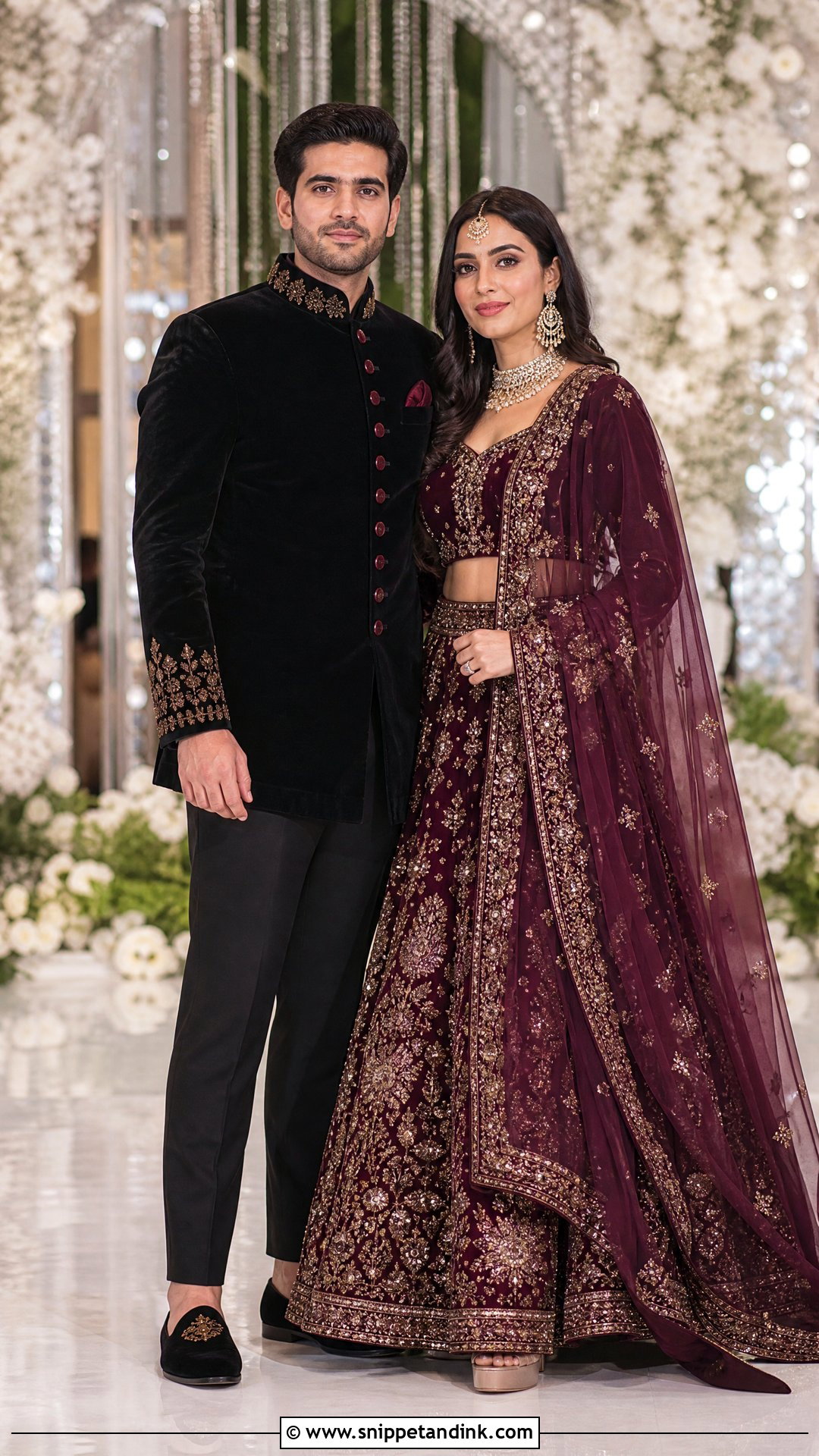 Wine Velvet Lehenga And Black Bandhgala Sangeet Couple Outfit - Snippet and Ink - 25 Sangeet Couple Outfits