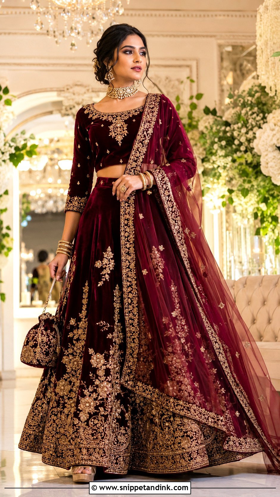 Wine Velvet Reception Lehenga - Snippet and Ink - 20 Indian Weddings Lehnga Designs