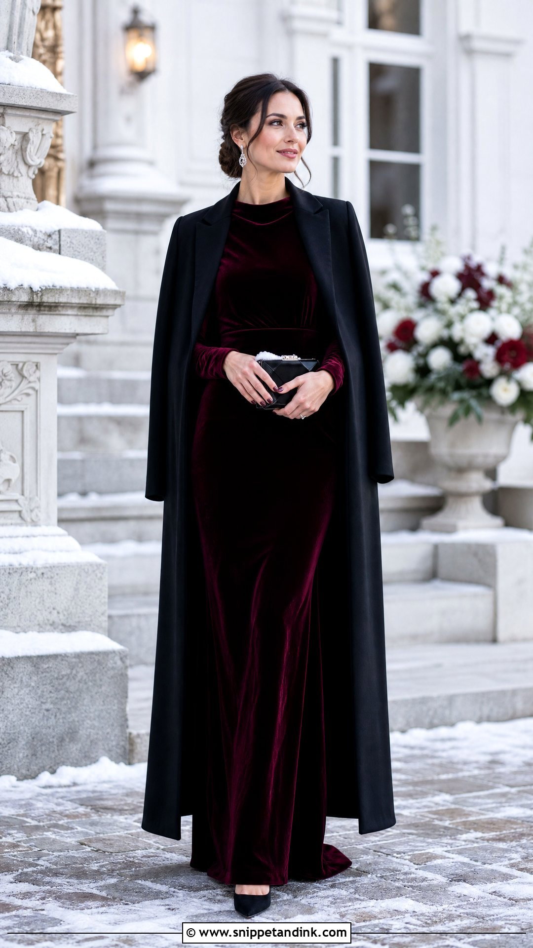 Wine Winter Dress With Cape Wedding Outfit - Snippet and Ink - 20 Wine Dress Outfit Wedding Ideas
