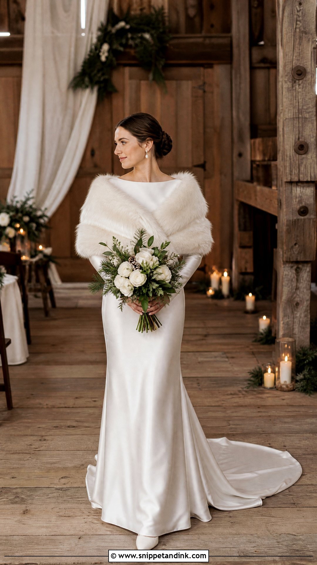 Winter Barn Wedding Dress With Faux Fur Wrap - Snippet and Ink - 25 Barn Wedding Dresses