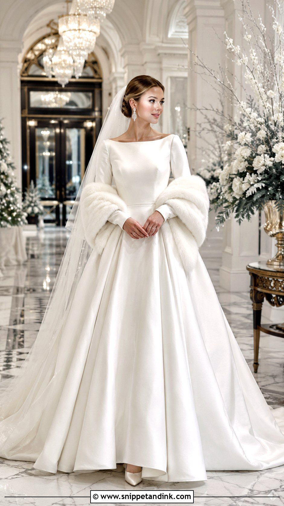 Winter Boat Neck Wedding Dress With Long Satin Sleeves - Snippet and Ink - 20 Boat Neck Wedding Dress with Sleeves