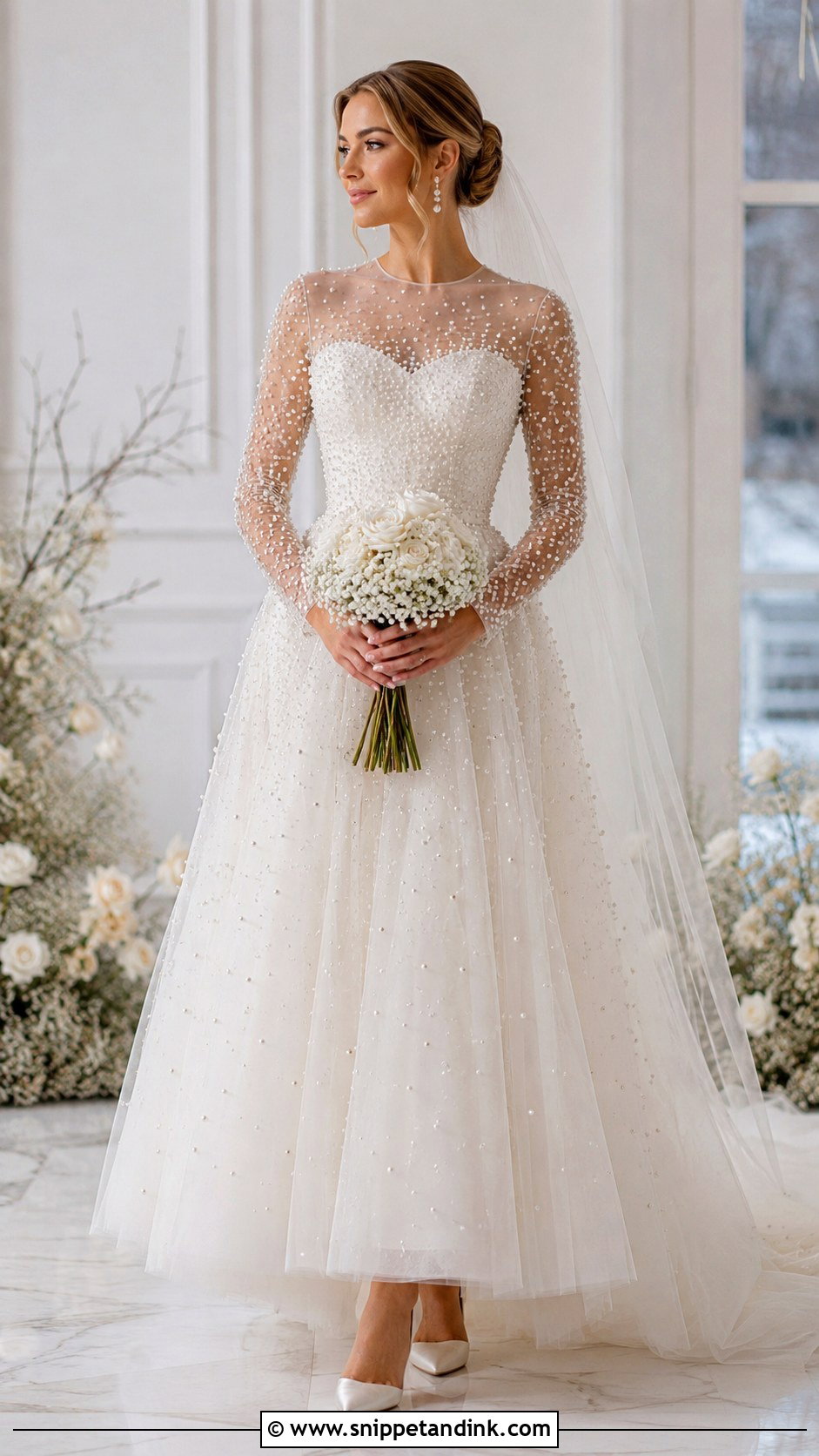 Winter Bridal Dress With Pearl Details - Snippet and Ink - 25 Winter Bridal Dress Ideas