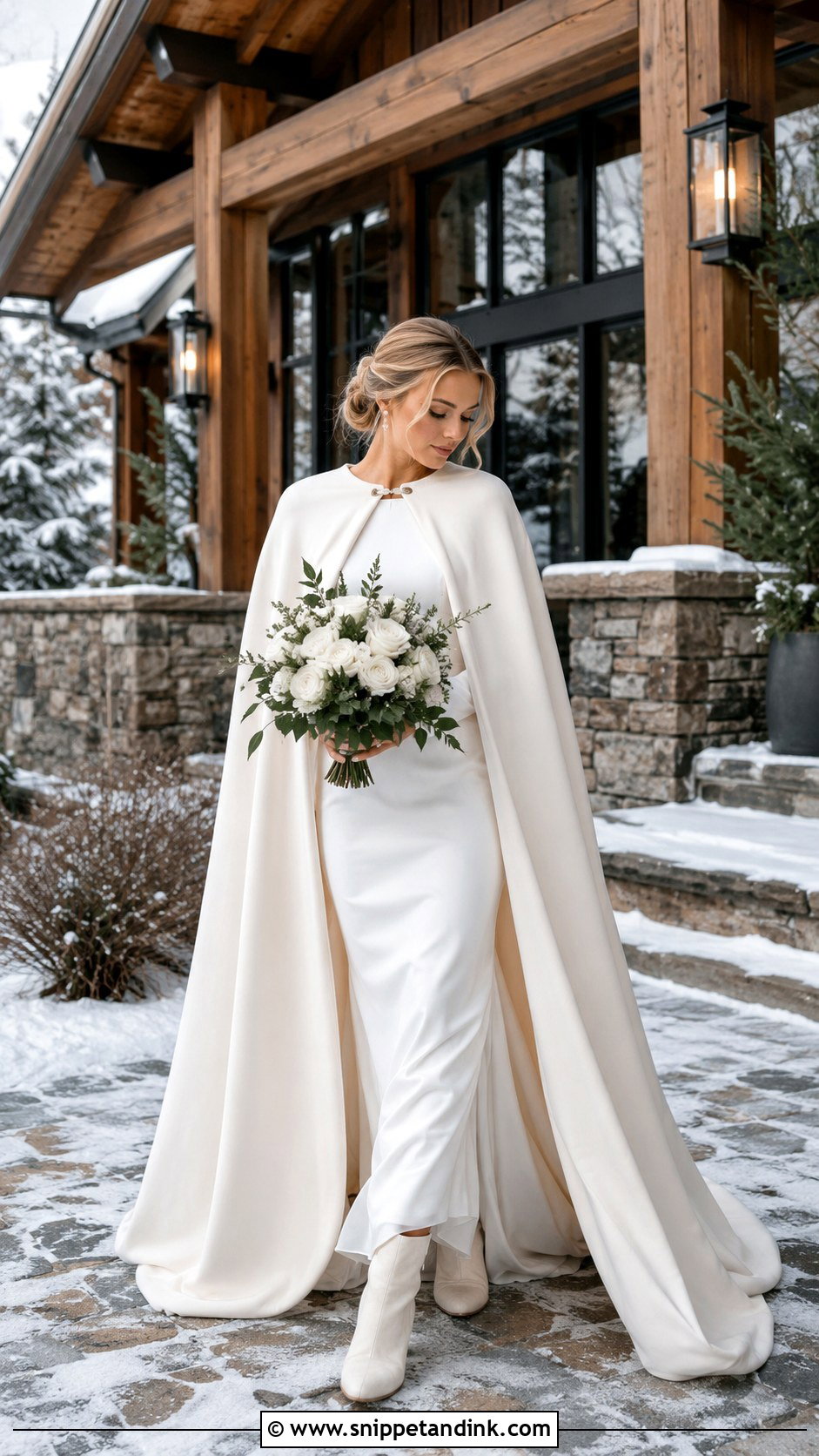 Winter Bride Cape Gown With Velvet Ankle Boots - Snippet and Ink - 20 Bride with Boots Ideas