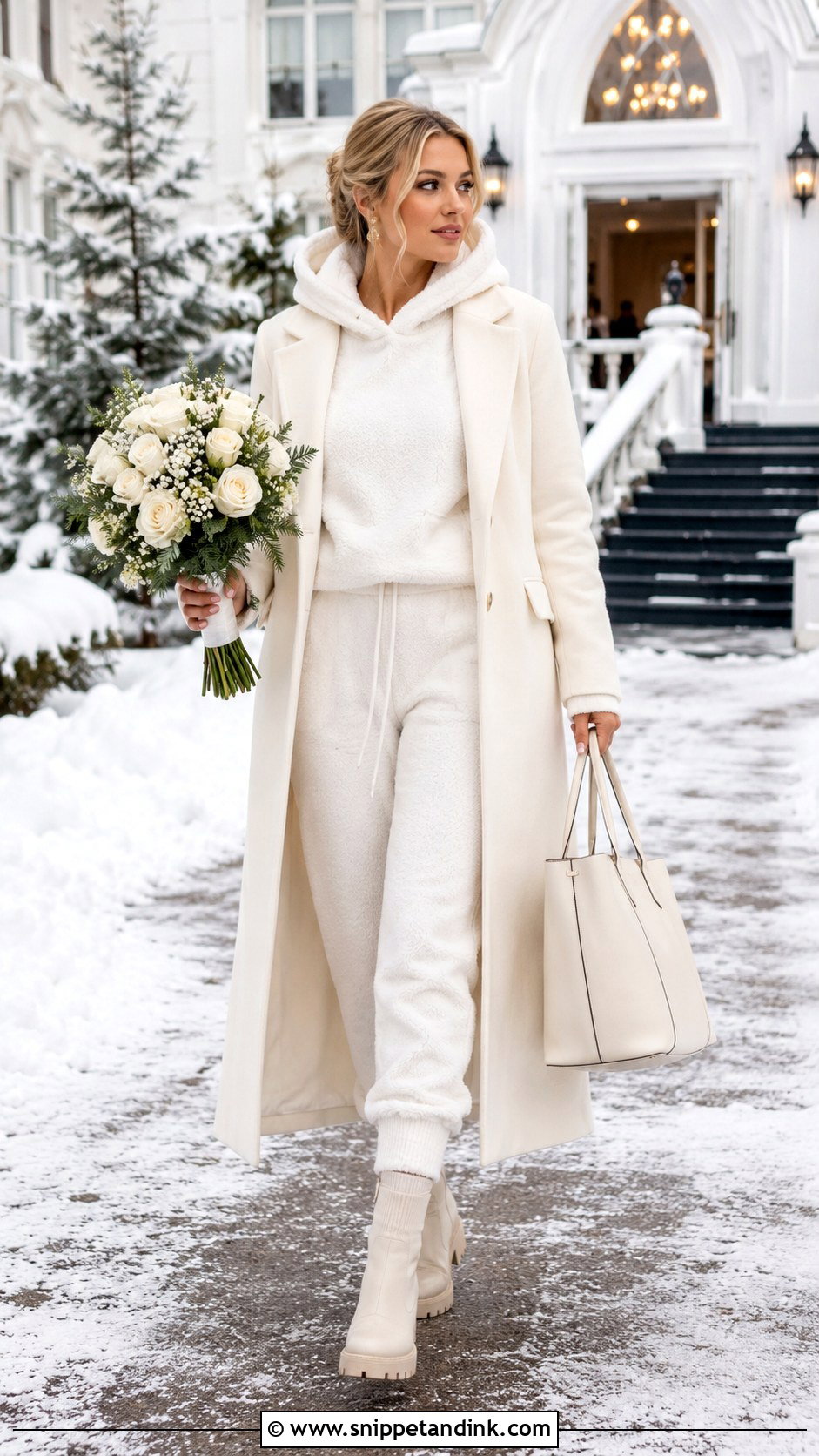Winter Bride Fleece Sweatsuit With Long Coat - Snippet and Ink - 20 Bride Sweatsuit Ideas