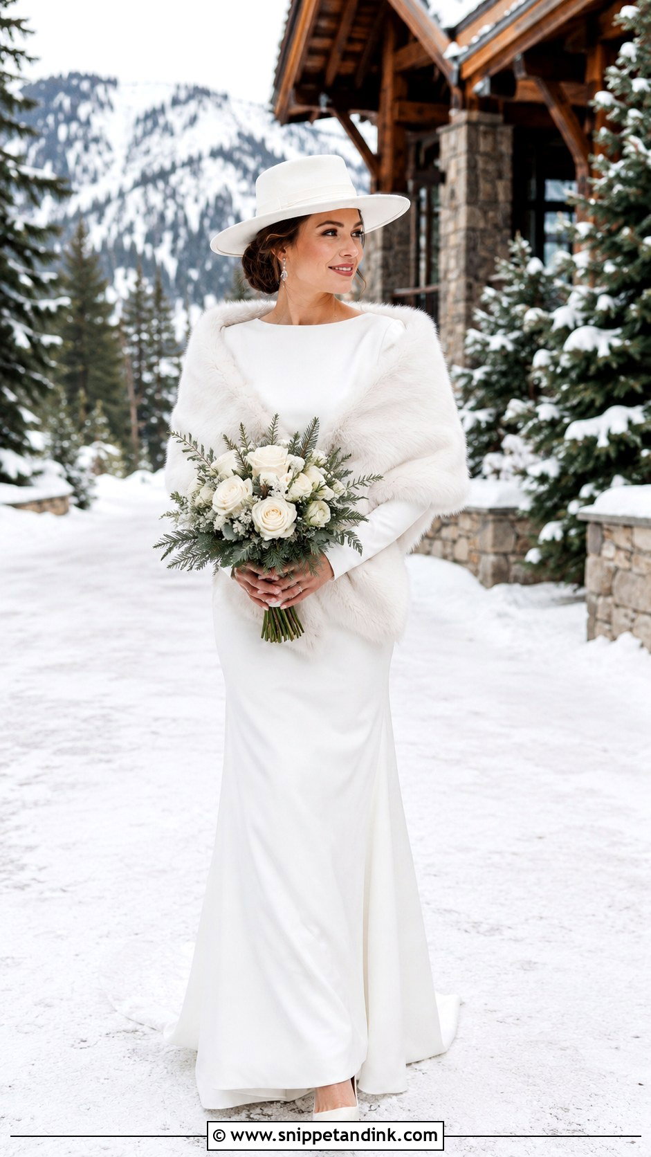 Winter Bride Hat With Long Sleeve Gown - Snippet and Ink - 20 Bride with Hat Ideas