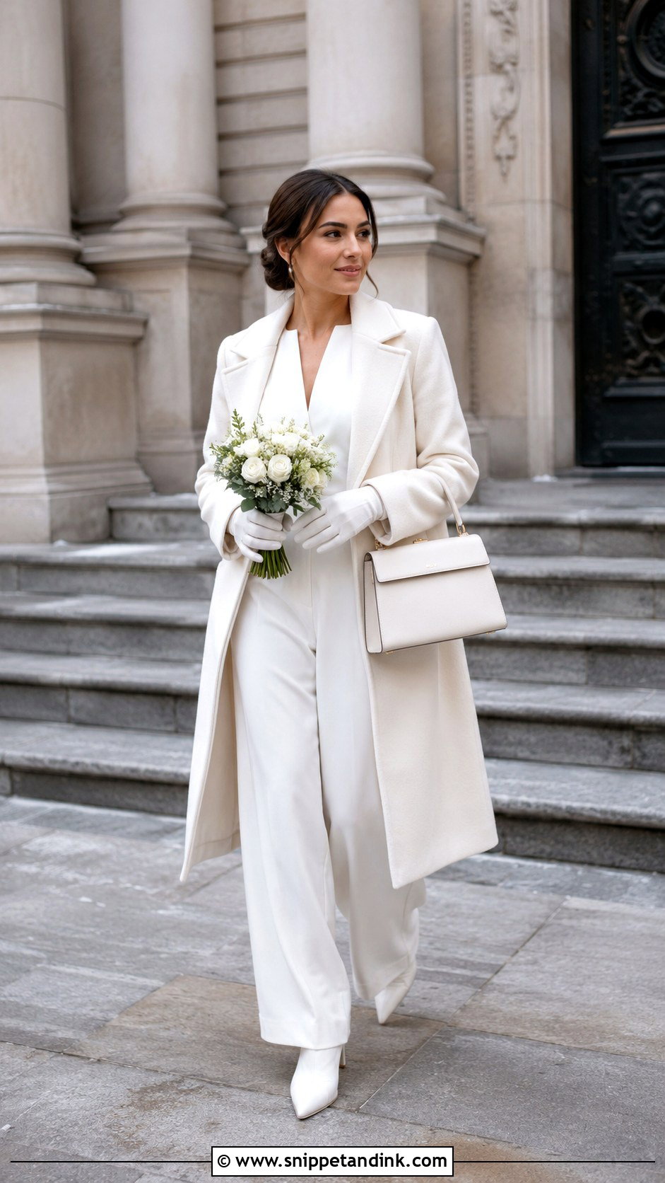 Winter Civil Wedding Jumpsuit With Long Coat - Snippet and Ink - 20 Civil Wedding Jumpsuit Ideas