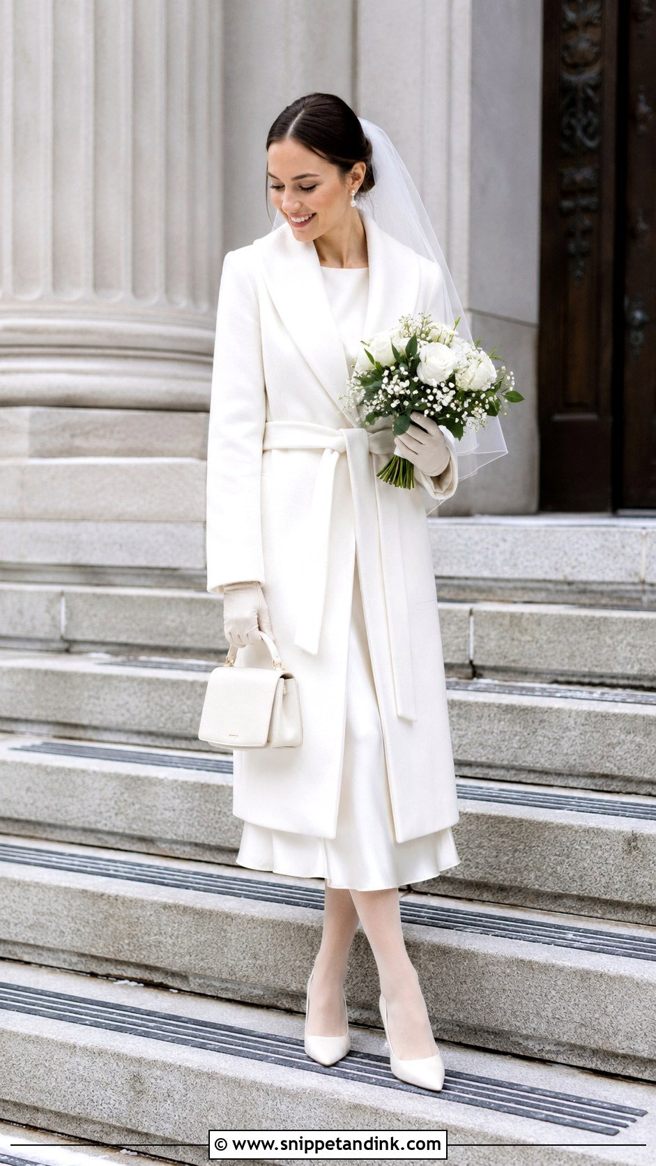 Winter Coat and Midi City Hall Wedding Outfit - Snippet and Ink - 20 City Hall Wedding Dress Civil Ceremony Outfit Ideas