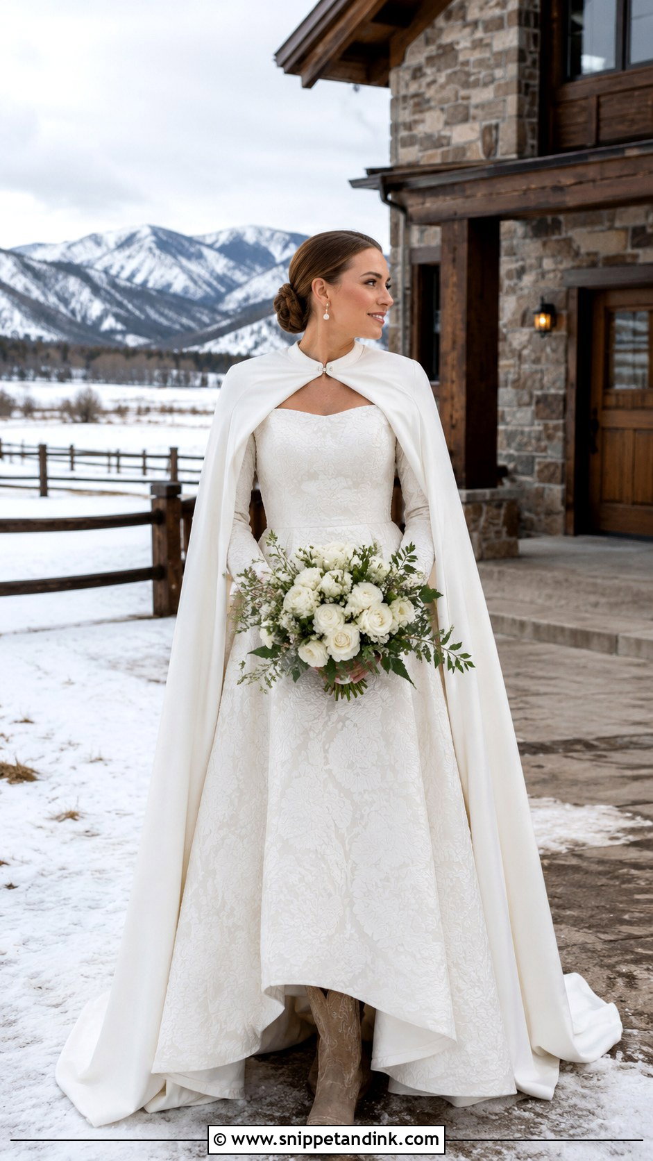 Winter Country Wedding Gown With Boots And Cape - Snippet and Ink - 20 Country Wedding Gowns