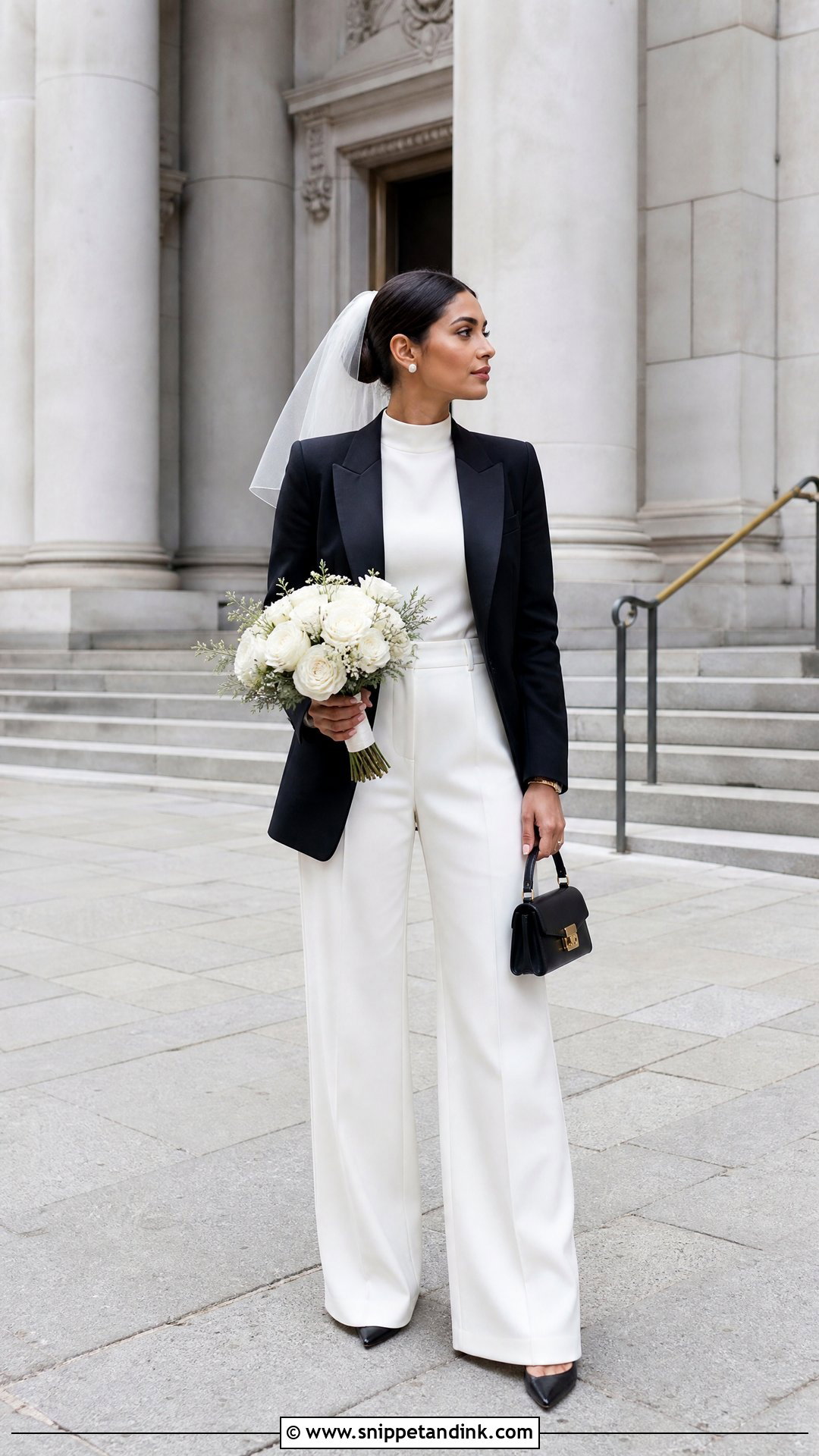 Winter Courthouse Wedding Black And White Suit - Snippet and Ink - 20 Winter Courthouse Wedding Outfit Ideas