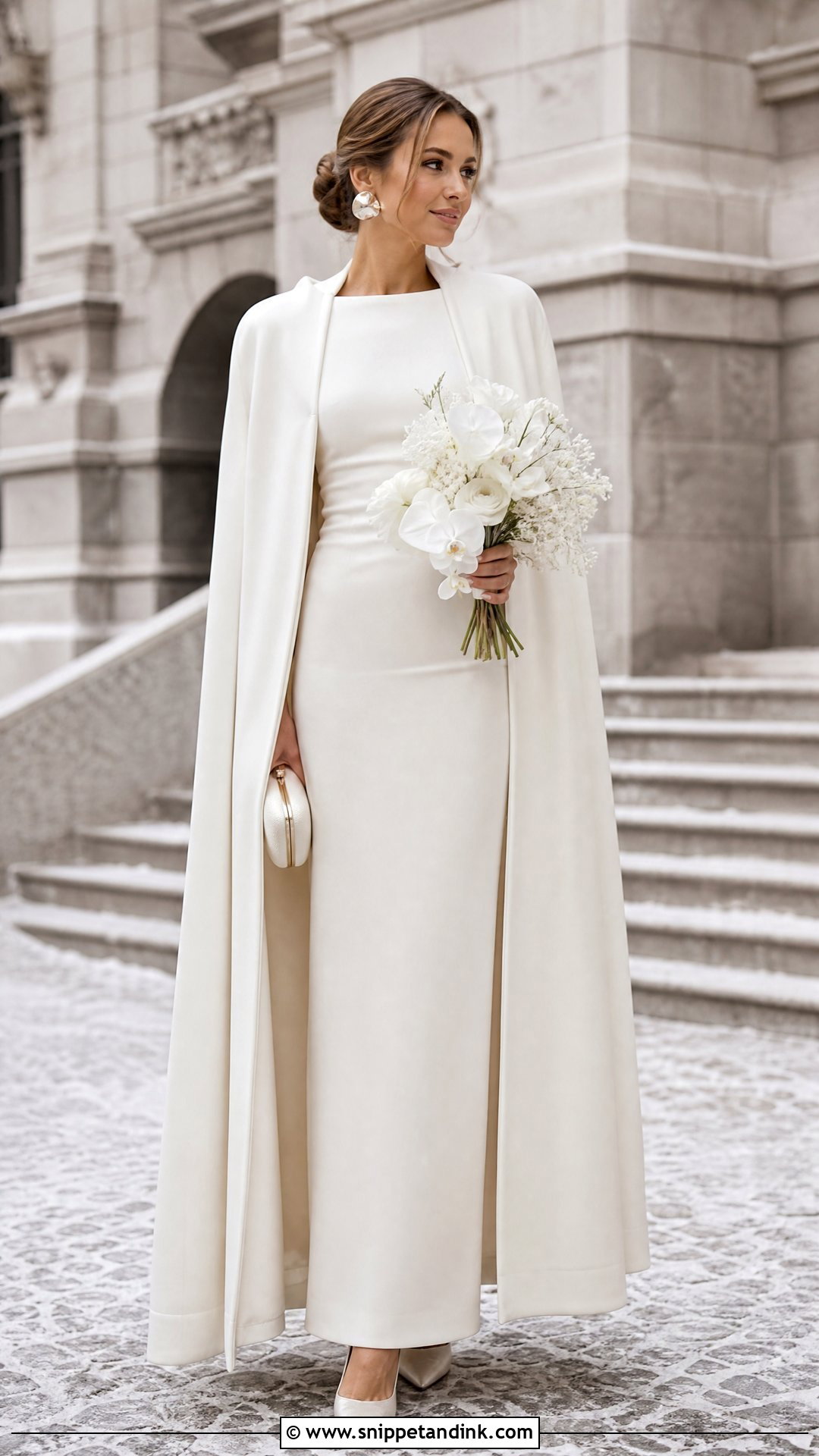Winter Courthouse Wedding Column Dress And Cape Coat - Snippet and Ink - 20 Winter Courthouse Wedding Outfit Ideas