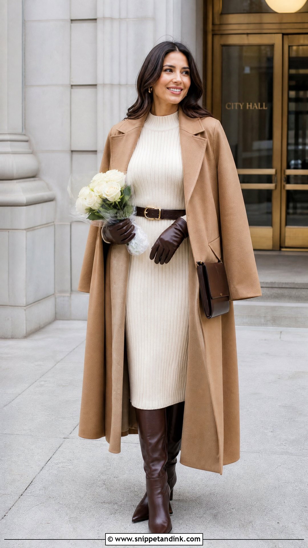 Winter Courthouse Wedding Knit Midi Dress And Wool Coat - Snippet and Ink - 20 Winter Courthouse Wedding Outfit Ideas
