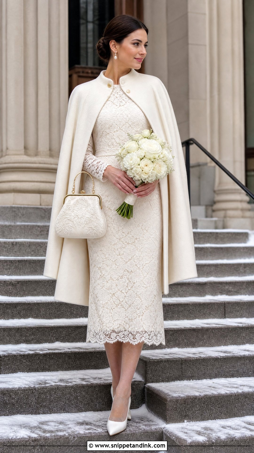 Winter Courthouse Wedding Lace Tea Length Dress And Cape - Snippet and Ink - 20 Winter Courthouse Wedding Outfit Ideas
