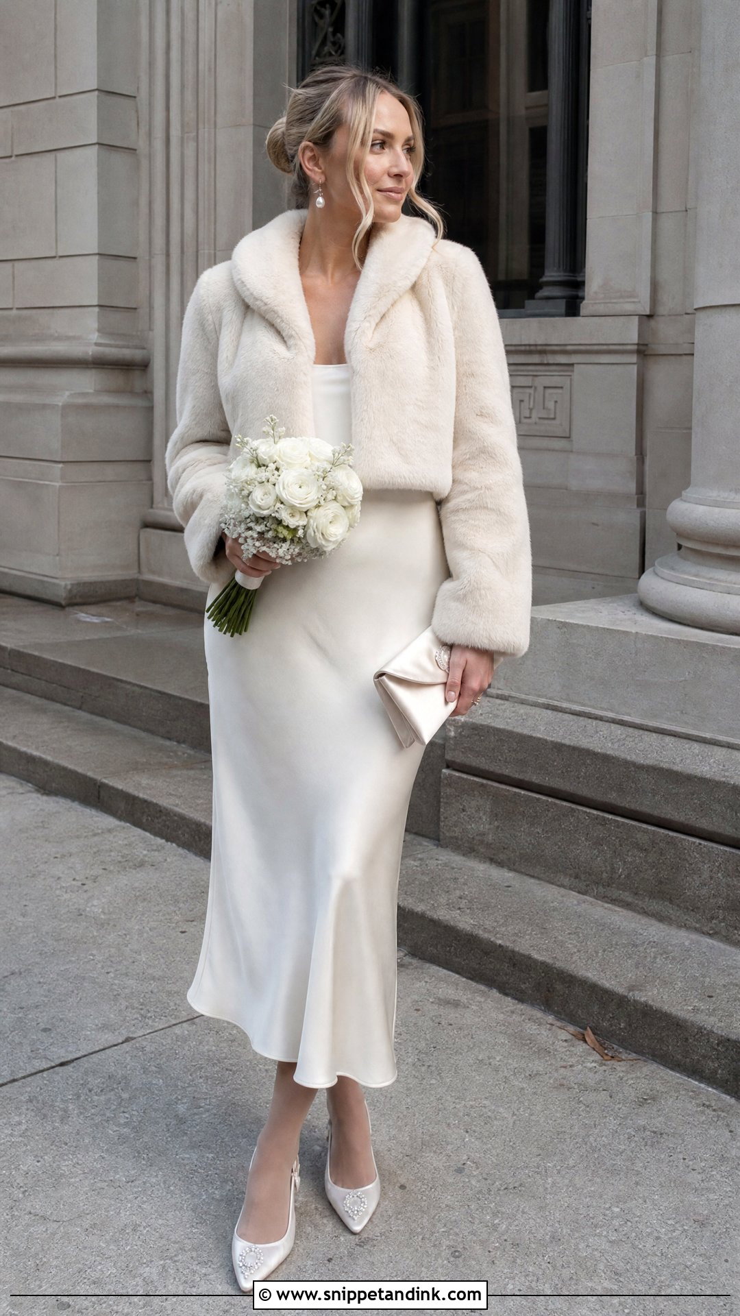 Winter Courthouse Wedding Satin Midi Dress And Faux Fur Jacket - Snippet and Ink - 20 Winter Courthouse Wedding Outfit Ideas
