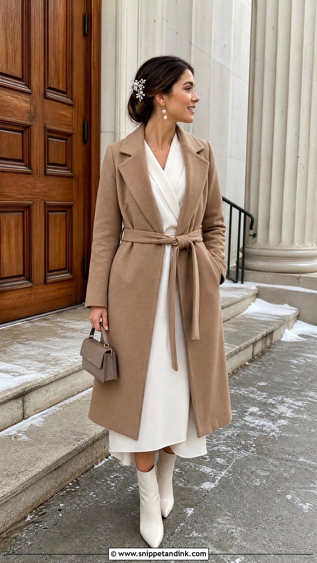 Winter Courthouse Wedding Wrap Dress And Belted Coat - Snippet and Ink - 20 Winter Courthouse Wedding Outfit Ideas