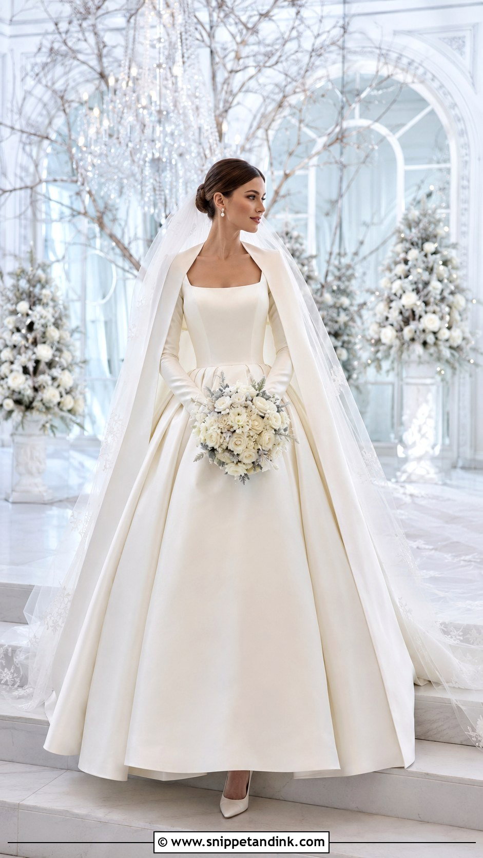 Winter Drop Waist Wedding Dress With Long Satin Sleeves - Snippet and Ink - 20 Drop Waist Wedding Dress with Sleeves