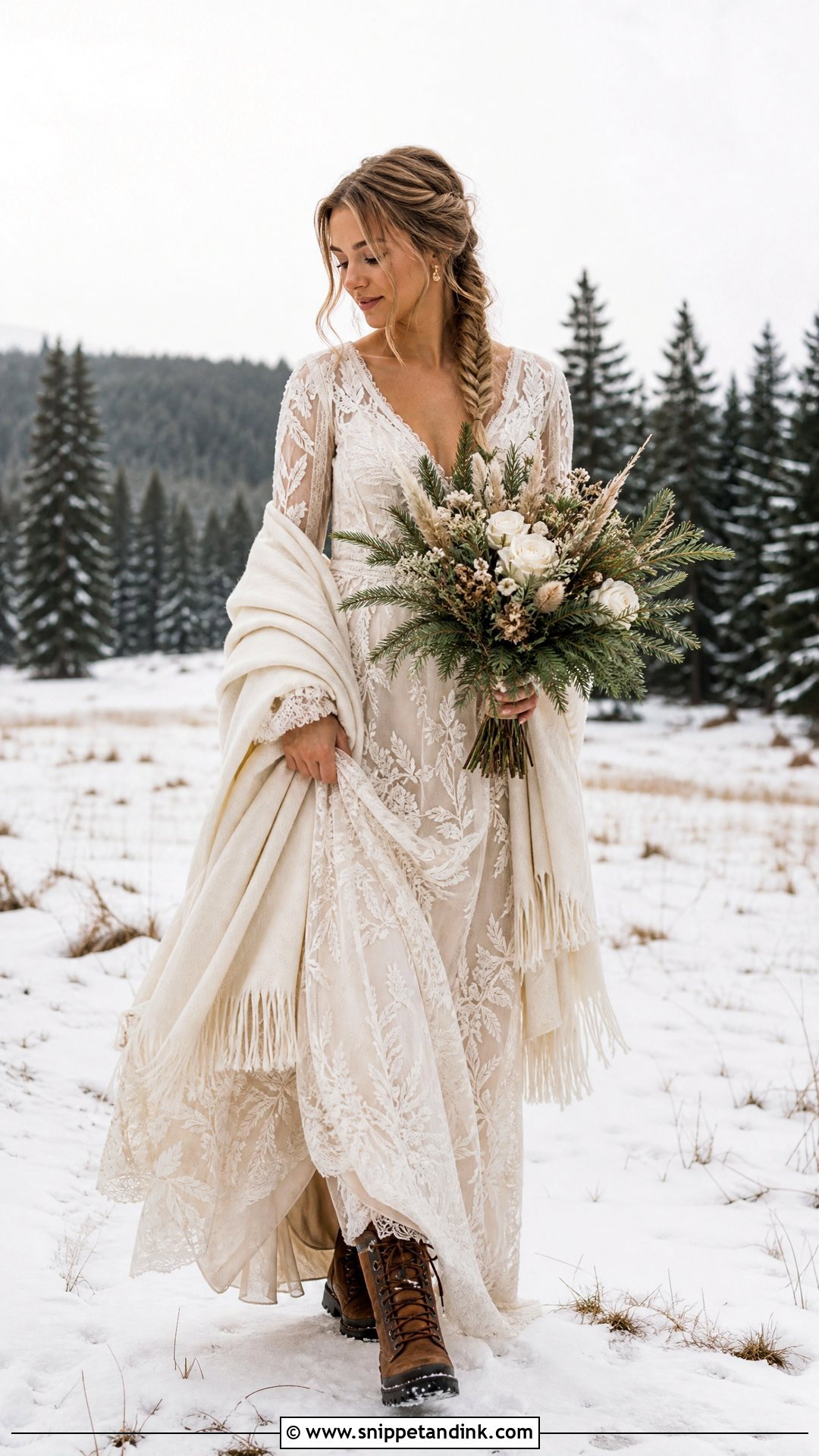 Winter Elopement Boho Lace Dress Outfit - Snippet and Ink - 20 Winter Elopement Outfit Ideas