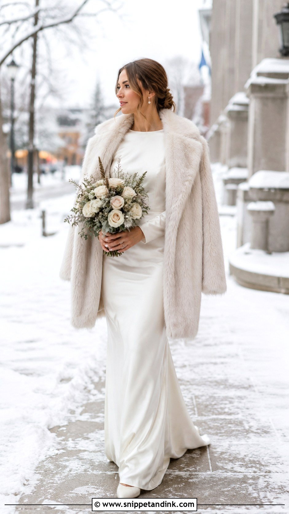 Winter Elopement Dress With Faux Fur Coat - Snippet and Ink - 25 Elopement Dresses