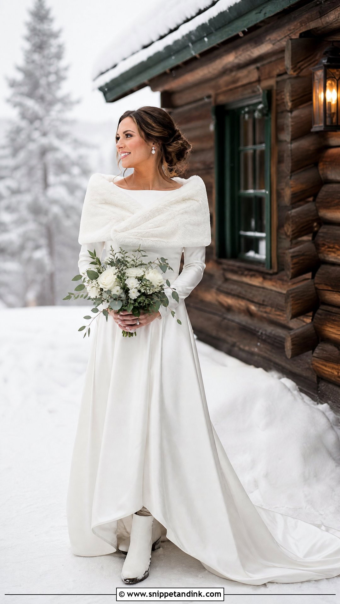 Winter Elopement Dress With Faux Fur Wrap - Snippet and Ink - 25 Winter Elopement Dress Ideas