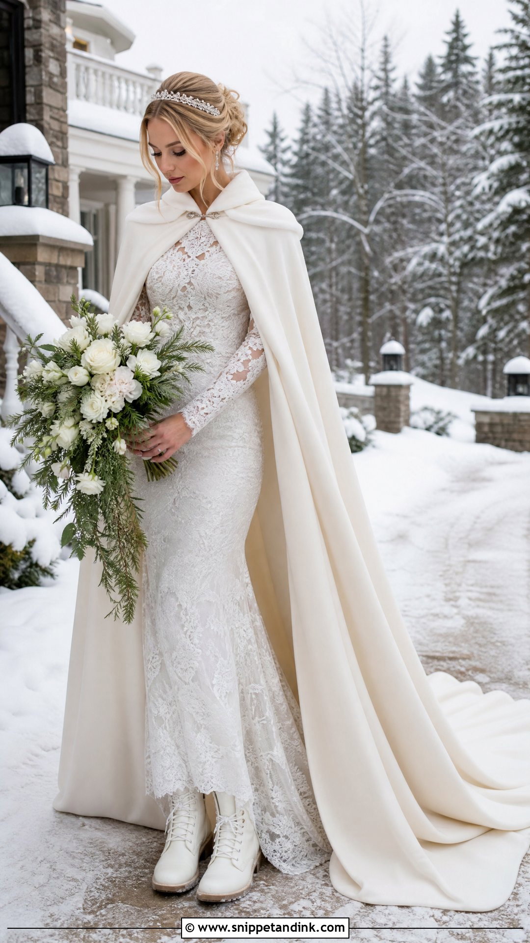 Winter Elopement Lace Dress With Bridal Cape Outfit - Snippet and Ink - 20 Winter Elopement Outfit Ideas