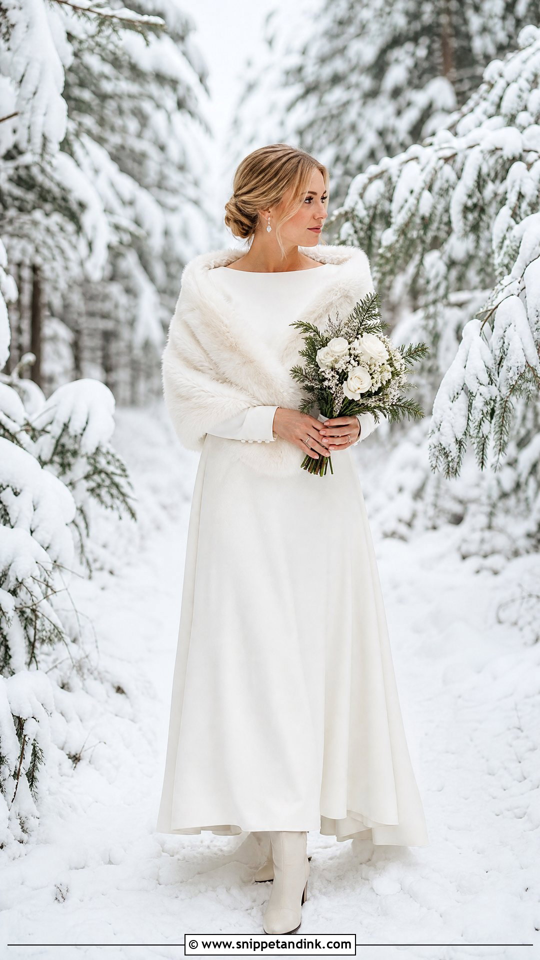 Winter Elopement Long Sleeve A Line Dress Outfit - Snippet and Ink - 20 Winter Elopement Outfit Ideas