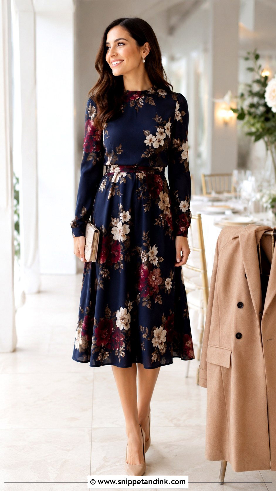 Winter Floral Midi Dress Wedding Outfit - Snippet and Ink - 25 Winter Wedding Outfits for Women