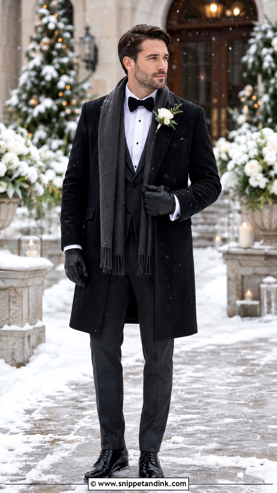 Winter Gray Tuxedo With Black Overcoat - Snippet and Ink - 20 Gray Tuxedo Wedding Ideas