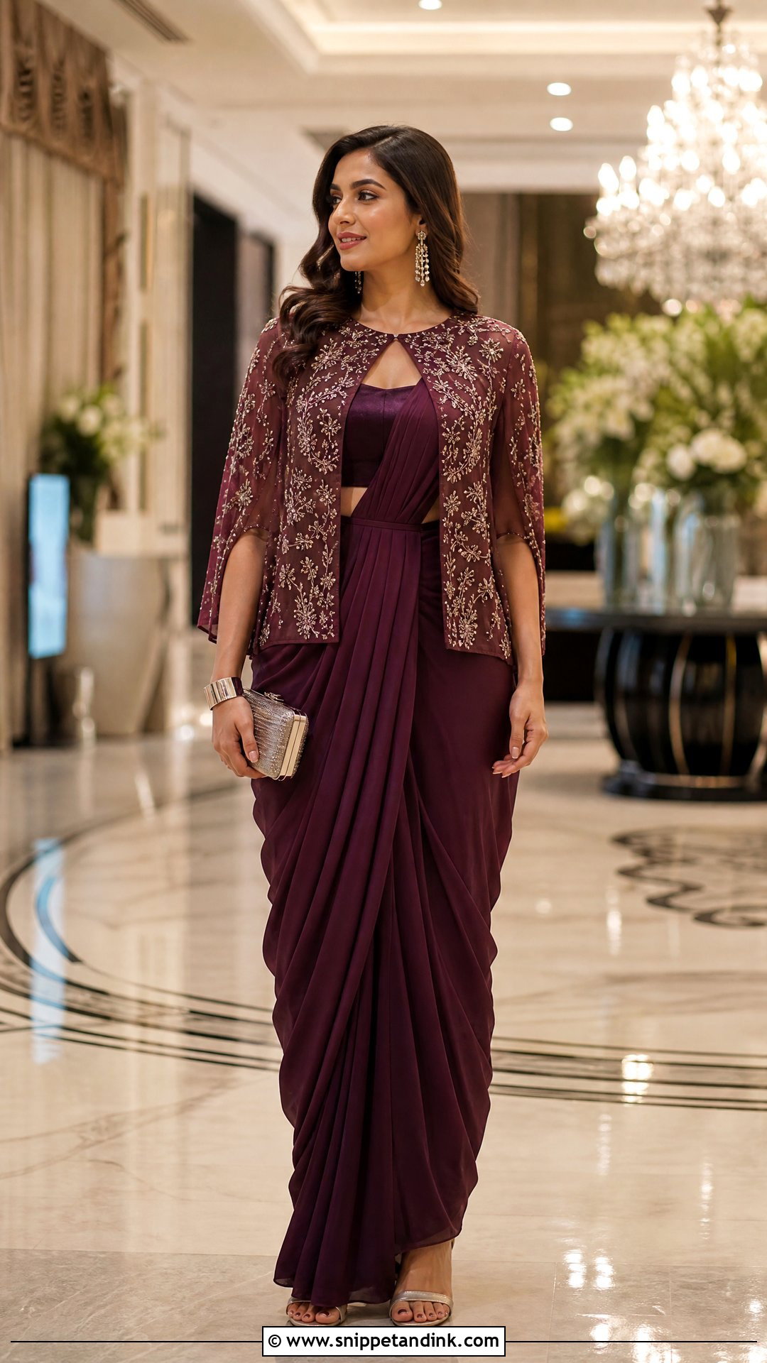 Winter Indian Wedding Pre Draped Saree And Cape Outfit - Snippet and Ink - 20 Winter Indian Wedding Outfits