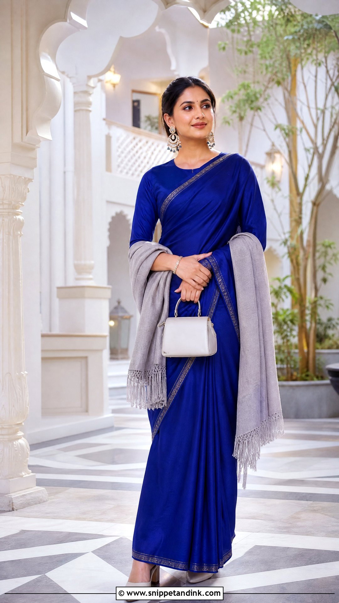 Winter Indian Wedding Saree With Pashmina Shawl Outfit - Snippet and Ink - 20 Winter Indian Wedding Outfits