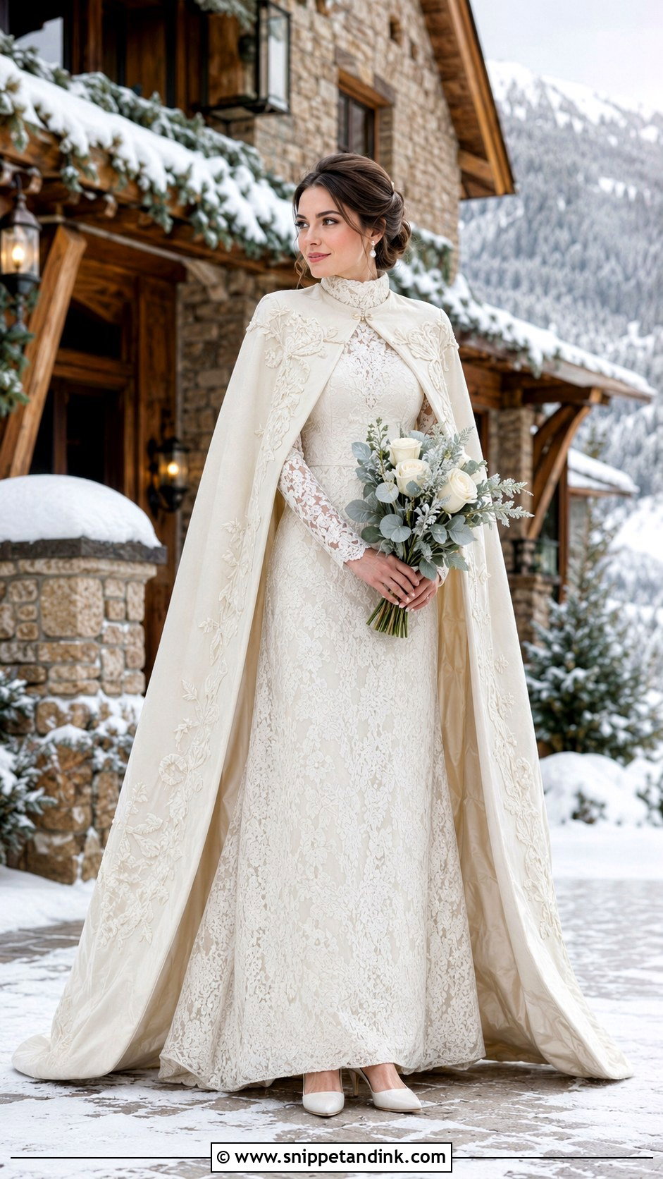 Winter Lace Wedding Dress With Cape - Snippet and Ink - 20 Lilly Collin’s Wedding Dress Ideas
