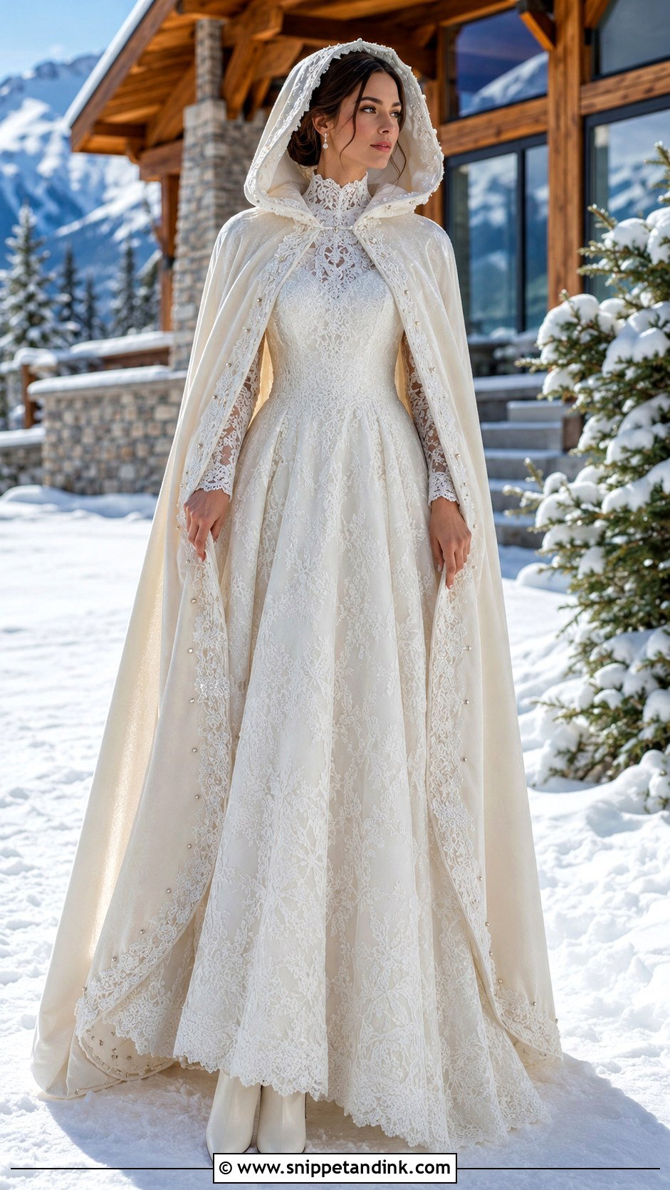 Winter Lace Wedding Dress With Hooded Cape - Snippet and Ink - 20 Lily Collin’s Wedding Dress Ideas