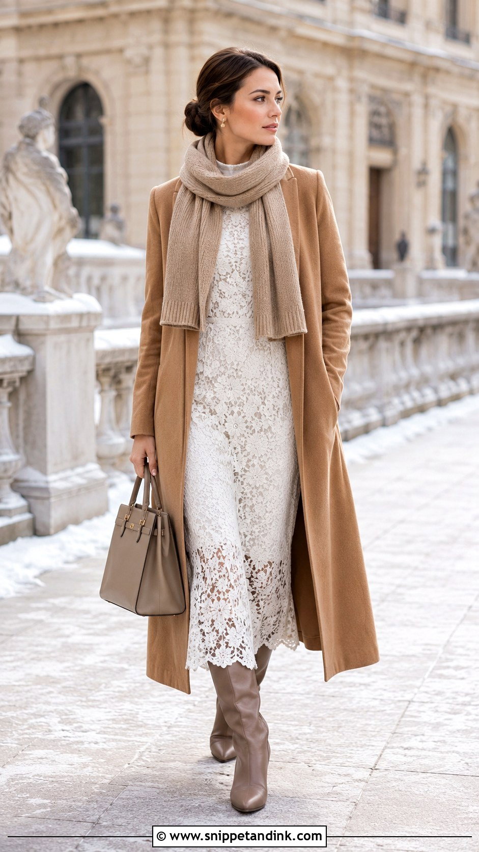 Winter Long White Lace Dress With Wool Coat - Snippet and Ink - 20 Long White Lace Dress Ideas