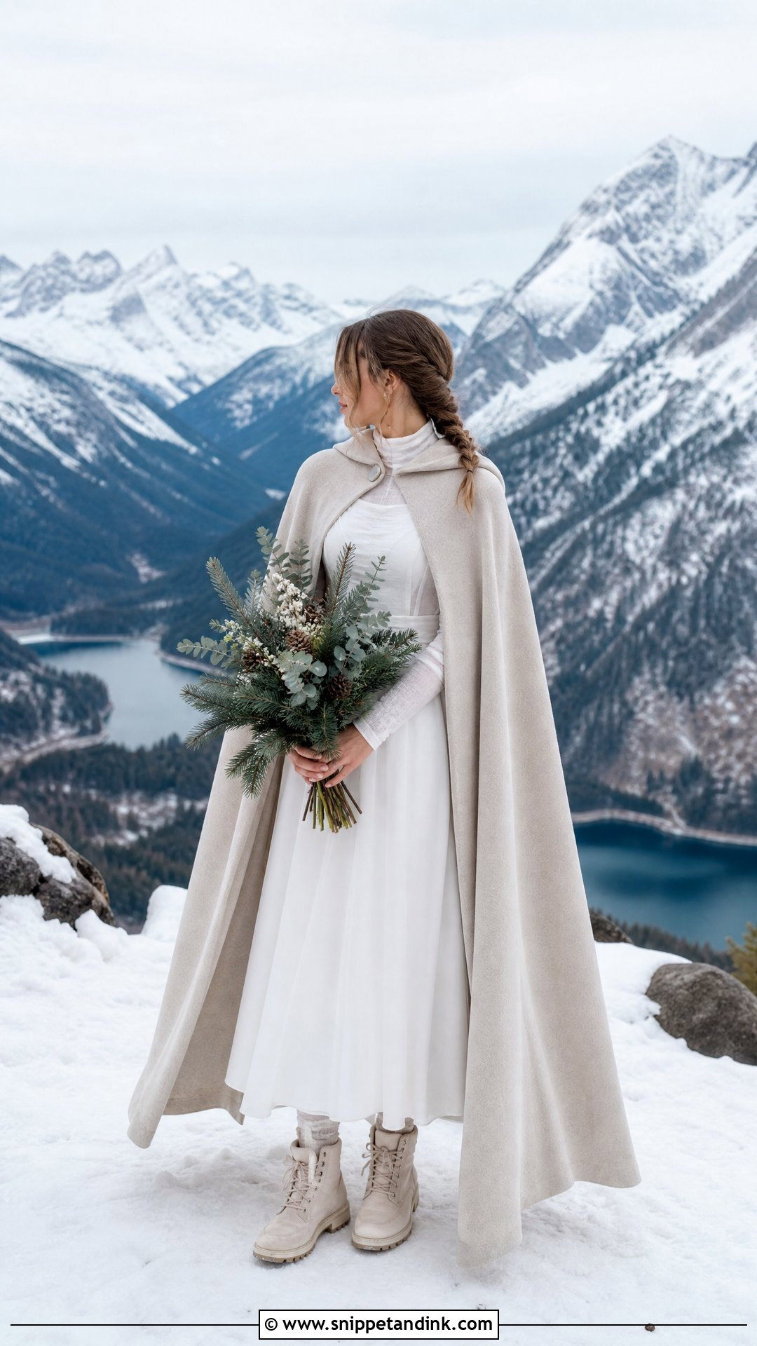Winter Mountain Elopement Dress With Hiking Boots Outfit - Snippet and Ink - 20 Winter Elopement Outfit Ideas