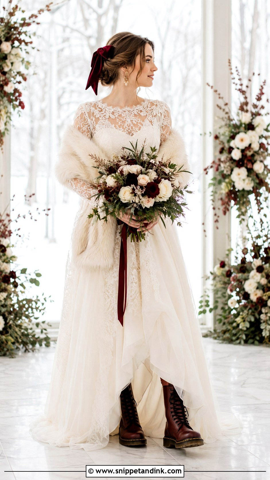 Winter Wedding Dress With Burgundy Doc Martens - Snippet and Ink - 20 Doc Martens Wedding Ideas