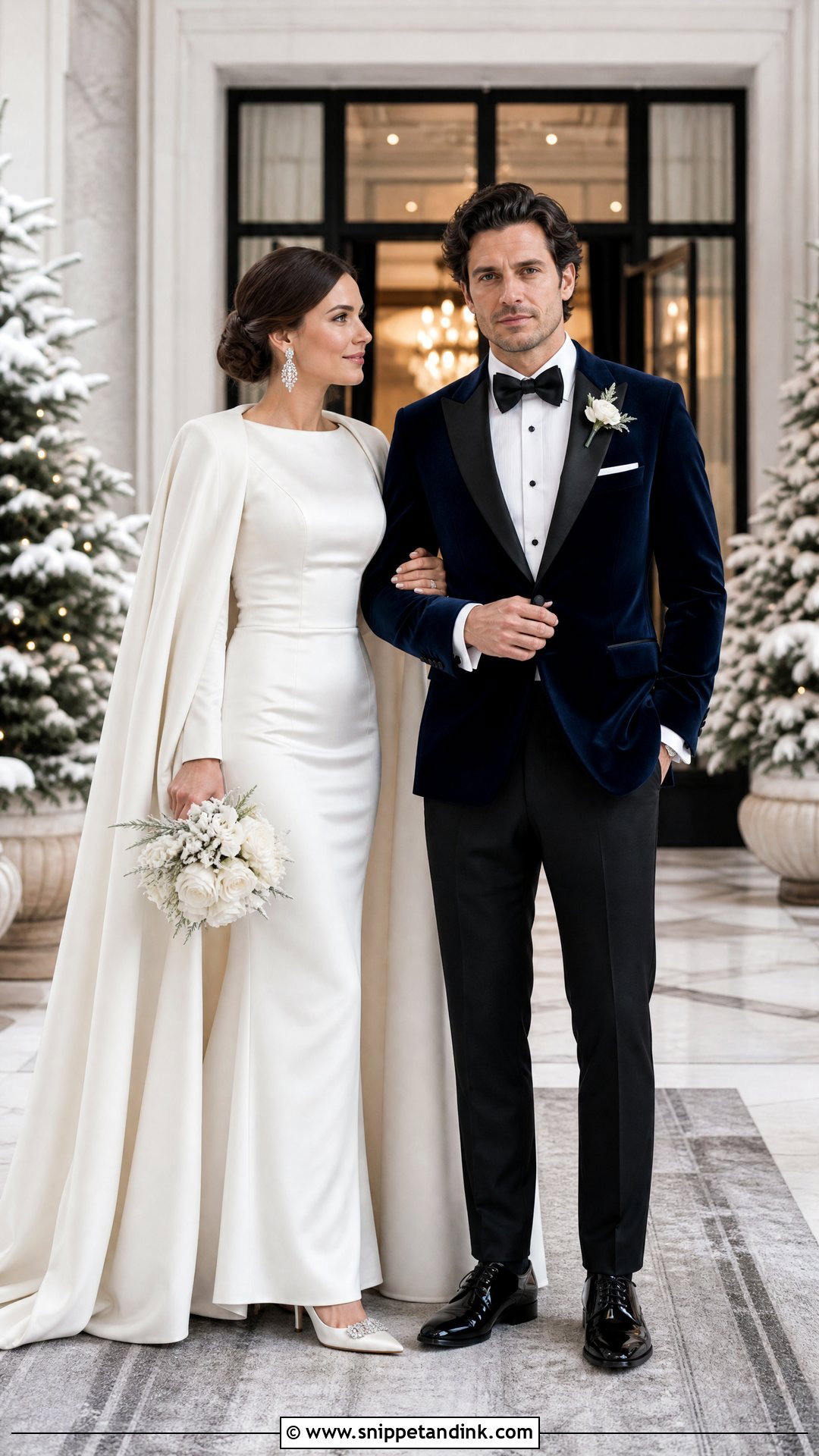 Winter Wedding Gown And Velvet Tuxedo Outfit - Snippet and Ink - 25 Wedding Outfits for Couples