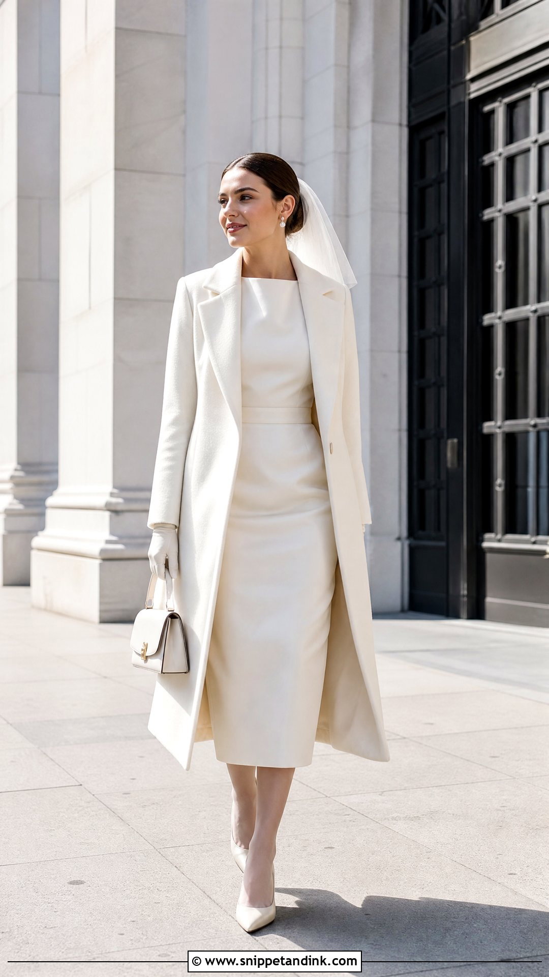 Winter Wedding Midi Gown With Long Coat - Snippet and Ink - 25 Winter Wedding Gowns