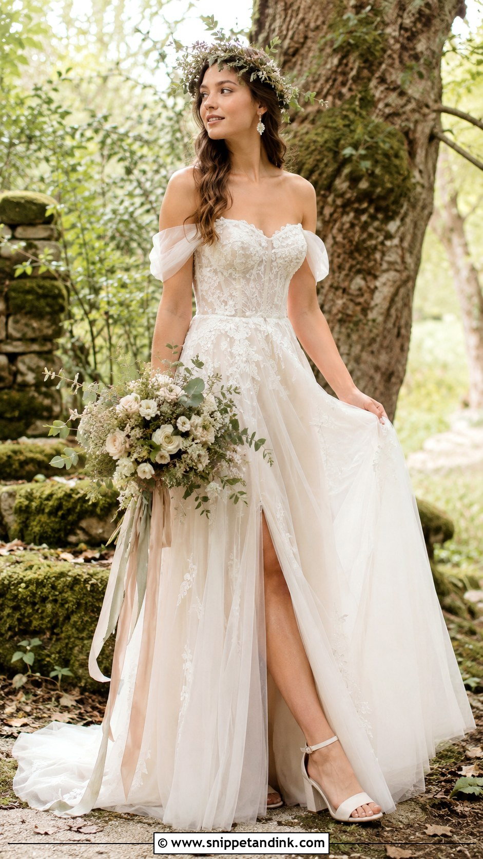Woodland Fairy Off Shoulder Wedding Dress - Snippet and Ink - 30 Woodland Fairy Wedding Dress Ideas
